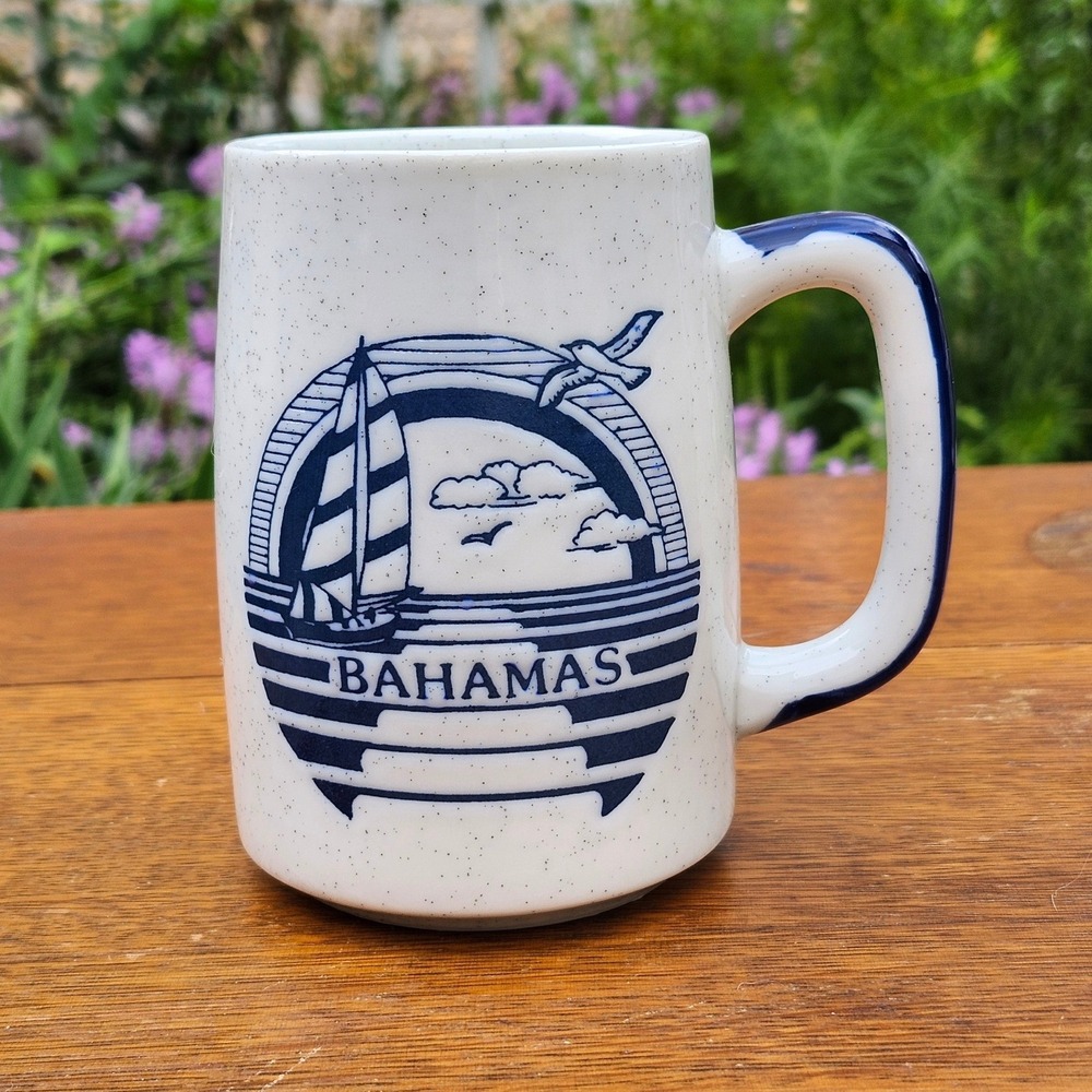 Vintage Bahamas Coffee Mug 1980s Blue Sailboat Nautical Souvenir Mug Cup 5"